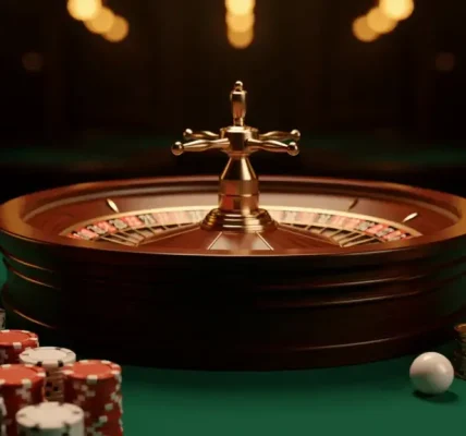 A roulette wheel with chips and coins on a green casino table