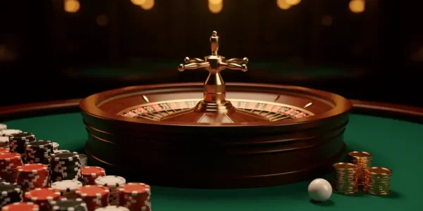 A roulette wheel with chips and coins on a green casino table