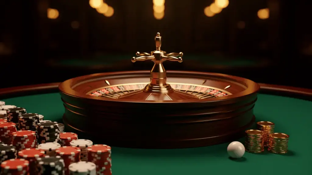 A roulette wheel with chips and coins on a green casino table