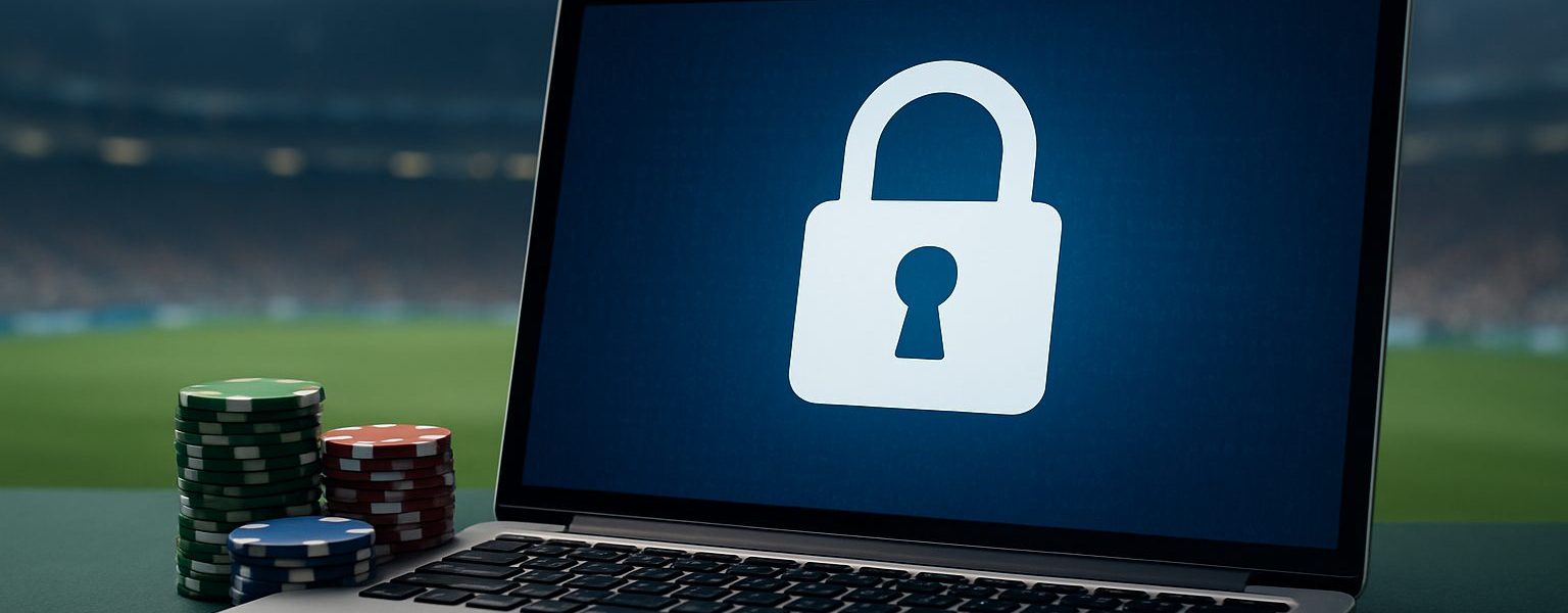 A laptop displaying a lock symbol with casino chips beside it in a sports stadium setting.
