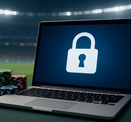 A laptop displaying a lock symbol with casino chips beside it in a sports stadium setting.