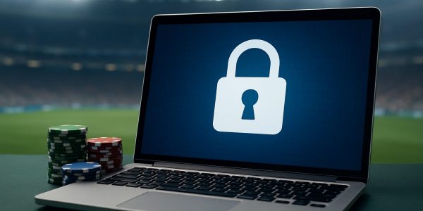 A laptop displaying a lock symbol with casino chips beside it in a sports stadium setting.
