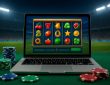 A laptop displaying a colorful slot machine game with poker chips scattered around on a green table.
