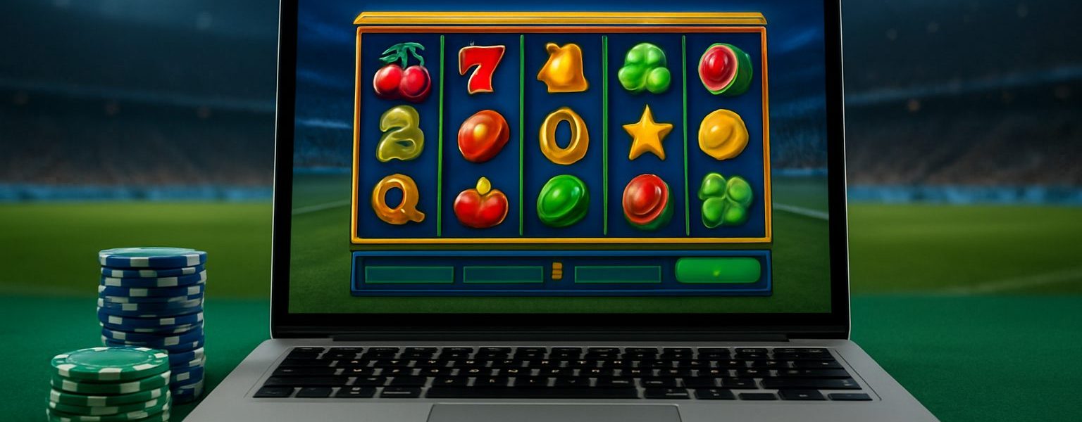 A laptop displaying a colorful slot machine game with poker chips scattered around on a green table.