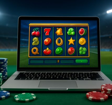 A laptop displaying a colorful slot machine game with poker chips scattered around on a green table.