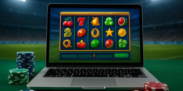 A laptop displaying a colorful slot machine game with poker chips scattered around on a green table.
