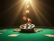 Film reel and poker chips on a green casino table under dramatic lighting