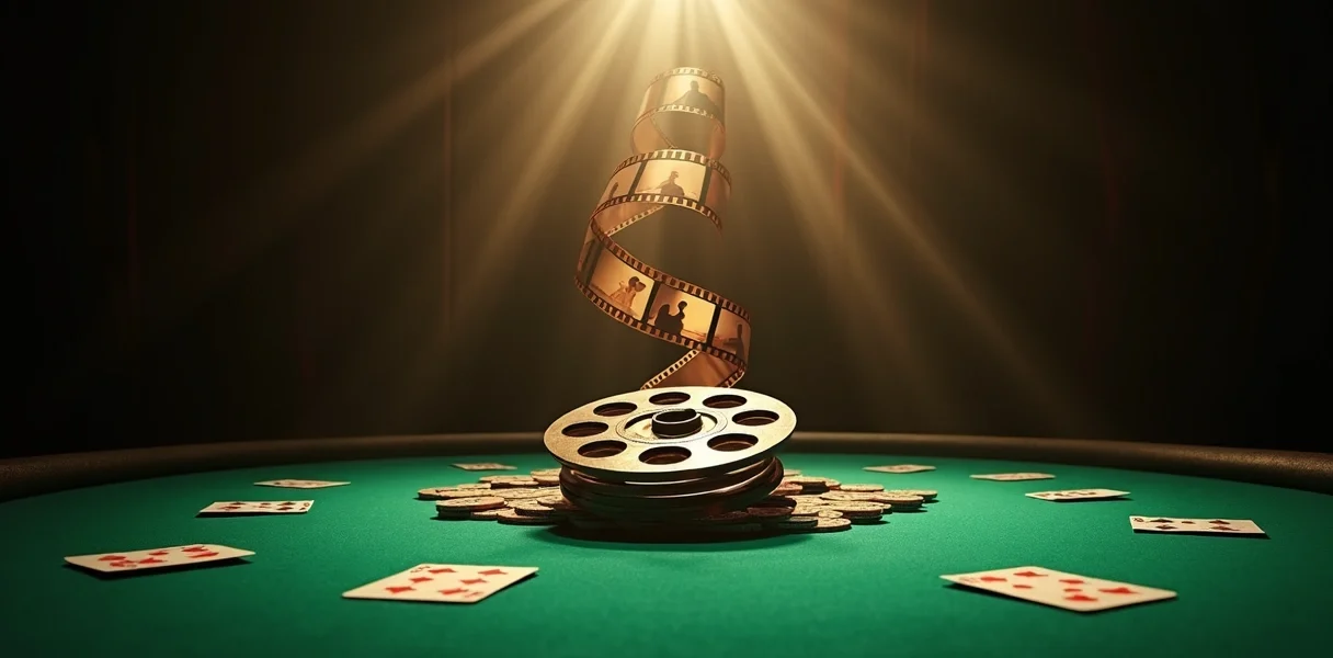 Film reel and poker chips on a green casino table under dramatic lighting