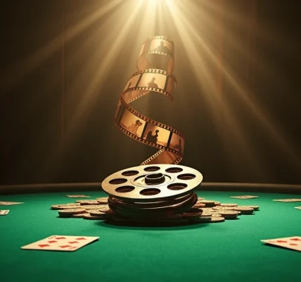 Film reel and poker chips on a green casino table under dramatic lighting