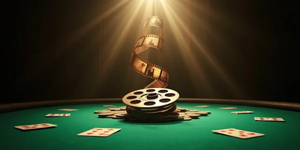 Film reel and poker chips on a green casino table under dramatic lighting