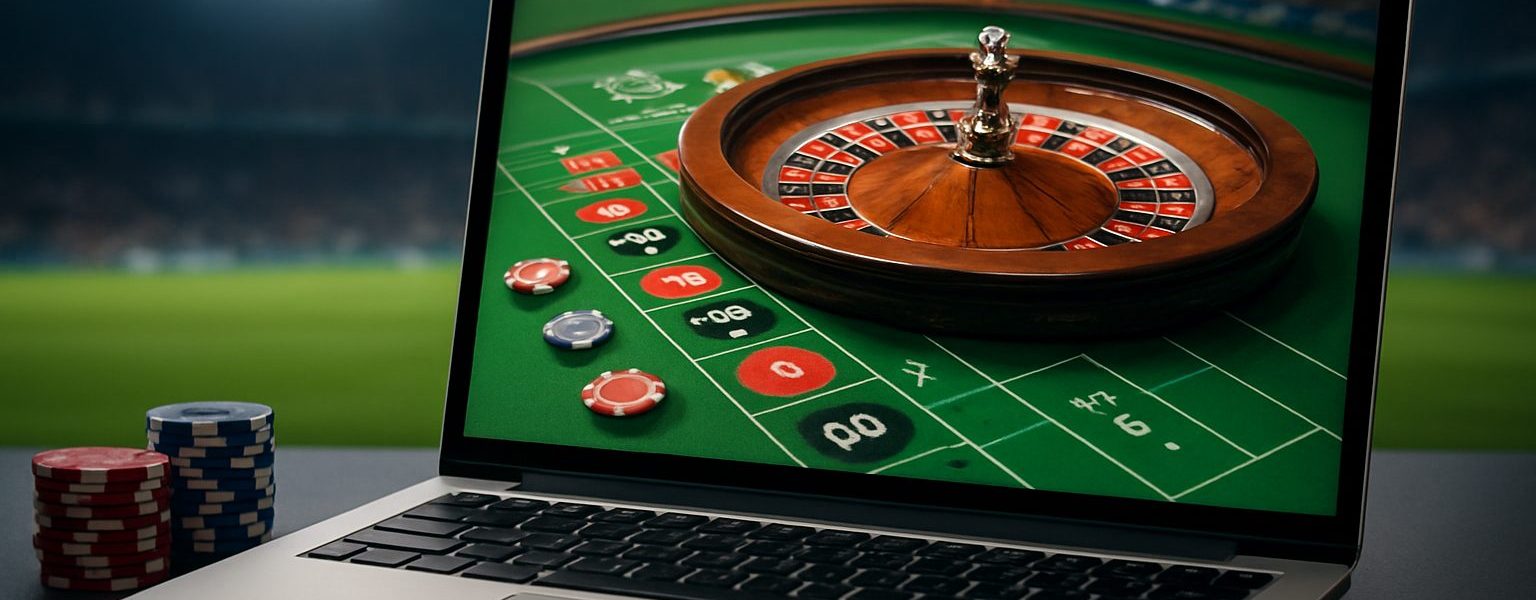 A laptop screen displaying a roulette wheel and chips, set against a blurred background of a stadium.