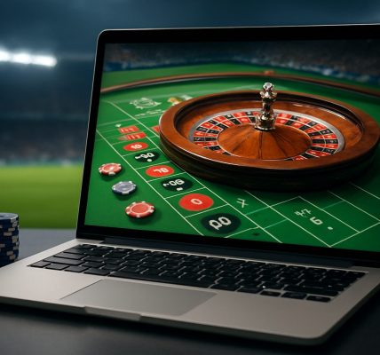 A laptop screen displaying a roulette wheel and chips, set against a blurred background of a stadium.