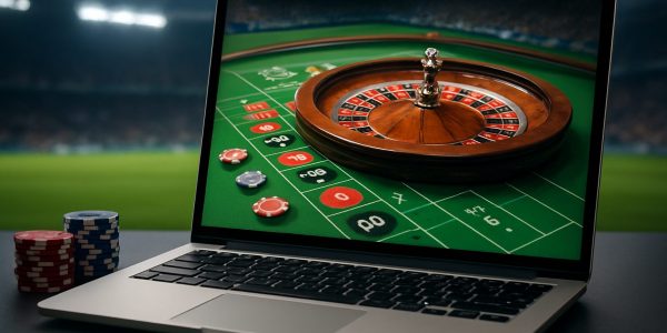 A laptop screen displaying a roulette wheel and chips, set against a blurred background of a stadium.